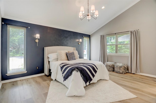 6202 Arcadian Shores Dr, Houston, TX 77084 - bedroom with a chandelier, vaulted ceiling, wood finished floors, baseboards, and recessed lighting