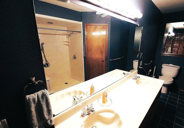 606 County Road 1947, Yantis, TX 75497 - bathroom featuring toilet, tile patterned flooring, a shower, and double vanity