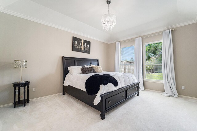 11018 Jadestone Creek Ln, Cypress, TX 77433 - bedroom with light colored carpet, a chandelier, crown molding, and baseboards