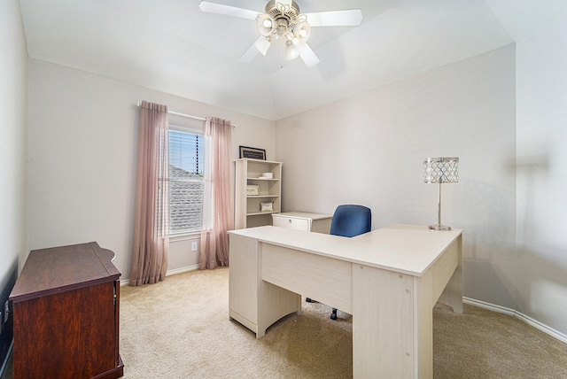 11018 Jadestone Creek Ln, Cypress, TX 77433 - home office featuring light colored carpet, ceiling fan, and baseboards