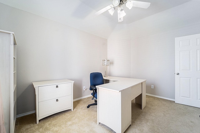 11018 Jadestone Creek Ln, Cypress, TX 77433 - office space featuring light carpet, ceiling fan, lofted ceiling, and baseboards