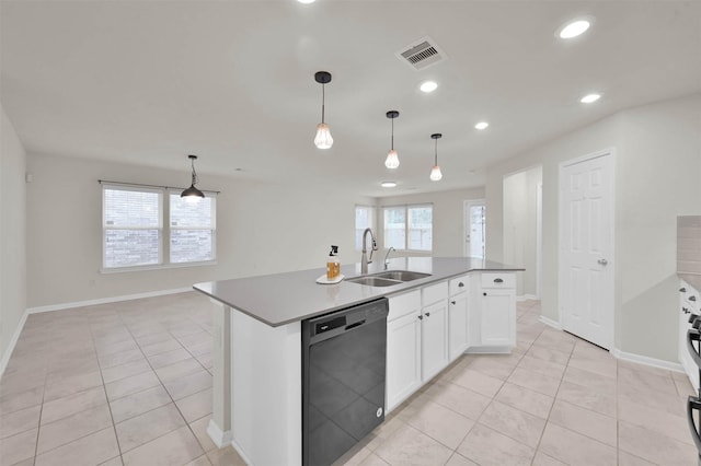 kitchen featuring black dishwasher, a sink, plenty of natural light, light tile patterned flooring, and recessed lighting