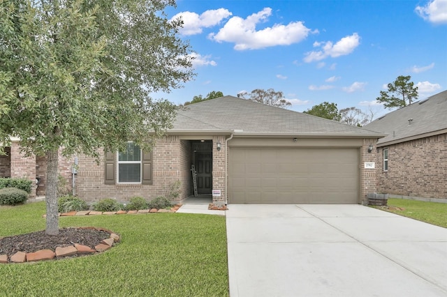 single story home with an attached garage, brick siding, a front yard, driveway, and a shingled roof