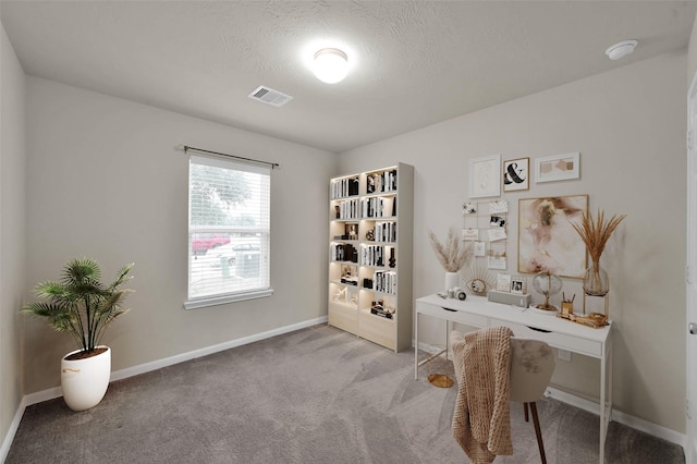 office space featuring light colored carpet, baseboards, and a textured ceiling