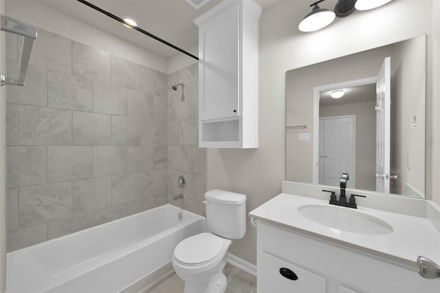 bathroom with toilet, bathing tub / shower combination, vanity, and baseboards