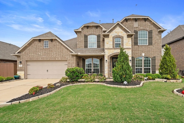 202 Bentwater Ln, Clute, TX 77531 - french provincial home with brick siding, roof with shingles, a front yard, concrete driveway, and a garage