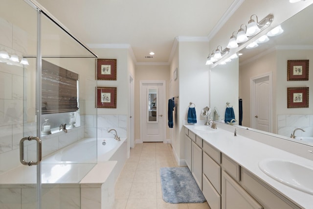 202 Bentwater Ln, Clute, TX 77531 - full bathroom featuring a bath, tile patterned flooring, a shower stall, double vanity, and crown molding