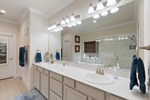 202 Bentwater Ln, Clute, TX 77531 - full bath with a shower stall, tile patterned flooring, double vanity, and ornamental molding