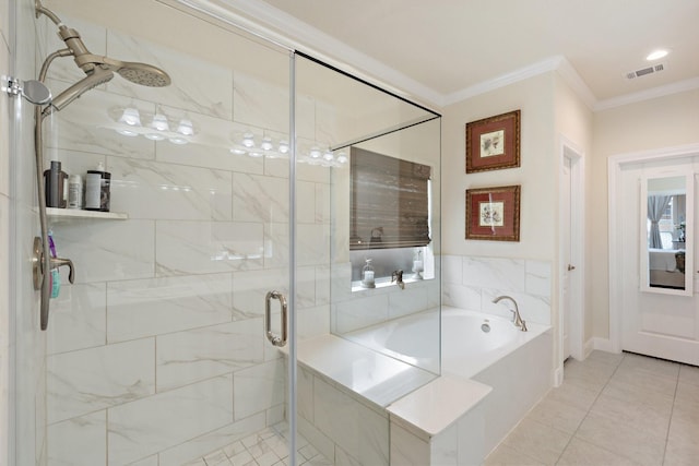 202 Bentwater Ln, Clute, TX 77531 - full bath with ornamental molding, a shower stall, a bath, and tile patterned flooring