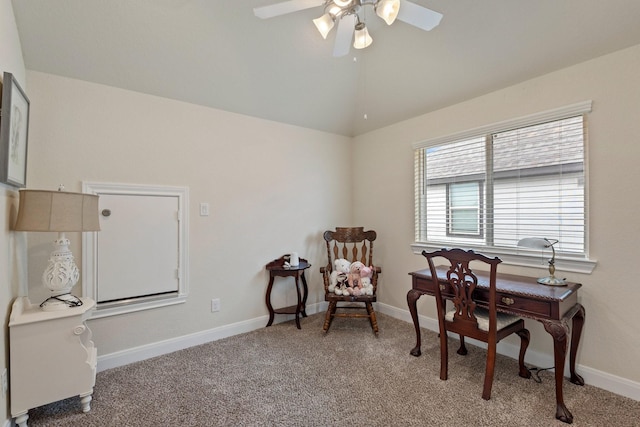 202 Bentwater Ln, Clute, TX 77531 - home office with light colored carpet, a ceiling fan, lofted ceiling, and baseboards