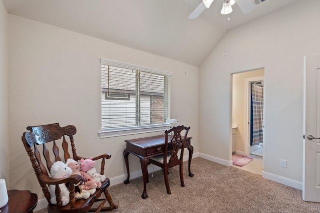 202 Bentwater Ln, Clute, TX 77531 - home office featuring ceiling fan, vaulted ceiling, light colored carpet, and baseboards