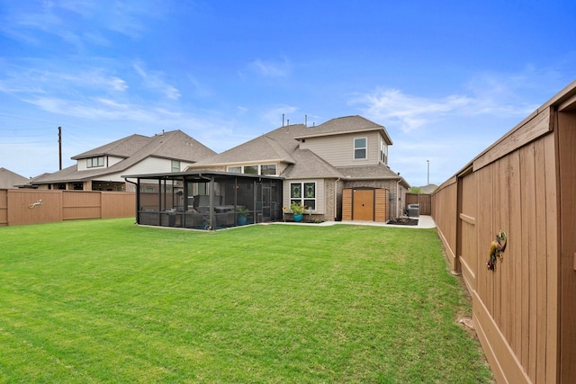 202 Bentwater Ln, Clute, TX 77531 - back of property featuring a sunroom, a storage unit, an outbuilding, brick siding, and roof with shingles