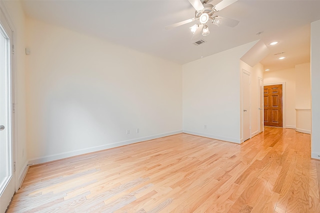 3722 Main Poplar Dr, Houston, TX 77025 - empty room featuring light wood-style floors, recessed lighting, ceiling fan, and baseboards