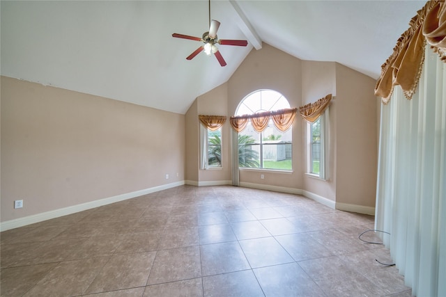 7810 Broken Arrow St, Baytown, TX 77521 - tiled empty room with beam ceiling, a ceiling fan, baseboards, and high vaulted ceiling