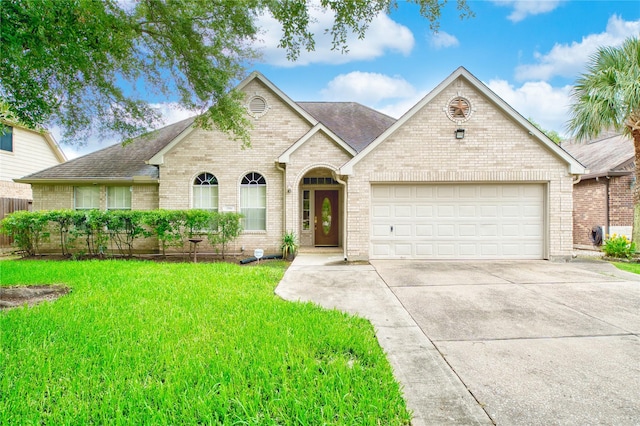 7810 Broken Arrow St, Baytown, TX 77521 - view of front of home with an attached garage, brick siding, a front lawn, concrete driveway, and a shingled roof