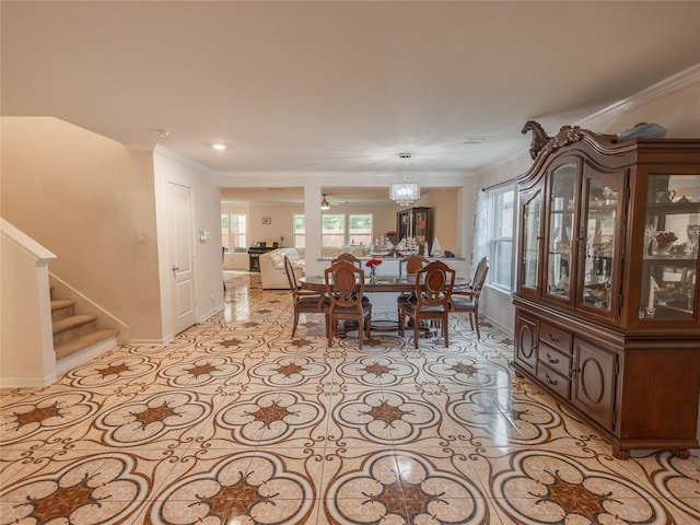 2786 Cayden Creek Way, Conroe, TX 77304 - dining space featuring stairway, baseboards, and crown molding