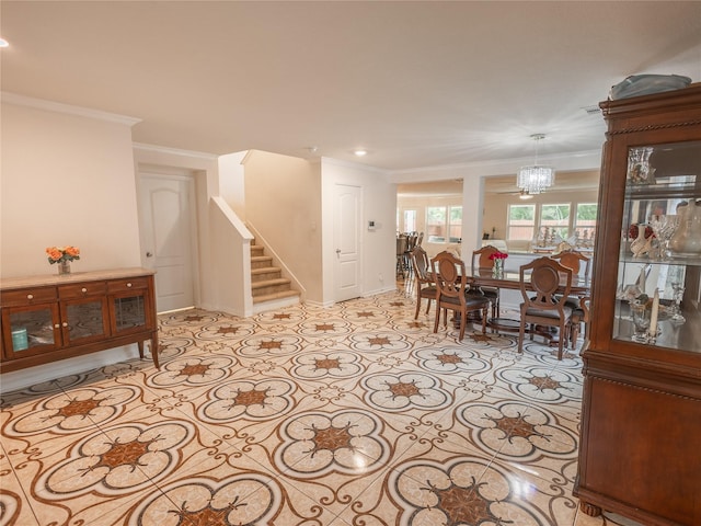 2786 Cayden Creek Way, Conroe, TX 77304 - living area with stairway, crown molding, recessed lighting, baseboards, and a chandelier
