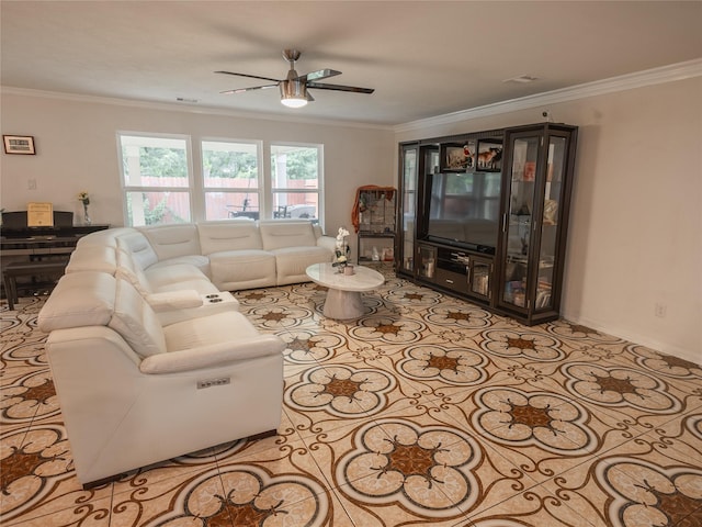 2786 Cayden Creek Way, Conroe, TX 77304 - living room featuring a ceiling fan and crown molding