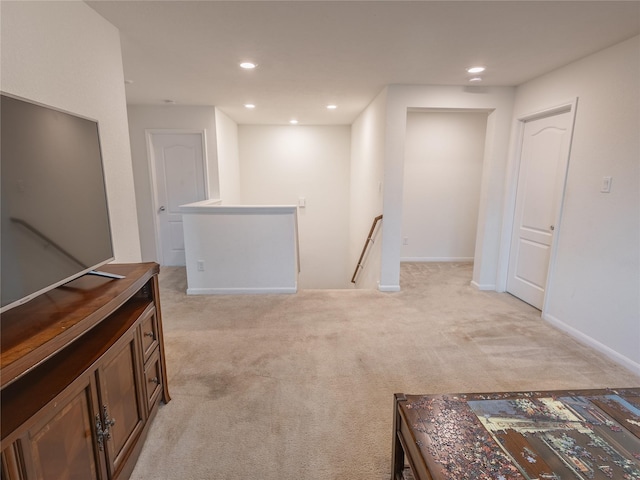 2786 Cayden Creek Way, Conroe, TX 77304 - hall featuring an upstairs landing, light colored carpet, and recessed lighting