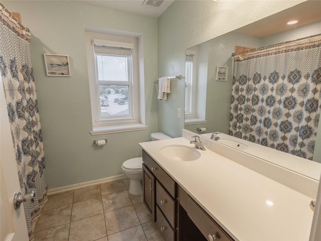 2786 Cayden Creek Way, Conroe, TX 77304 - bathroom with toilet, vanity, baseboards, tile patterned flooring, and a shower with shower curtain