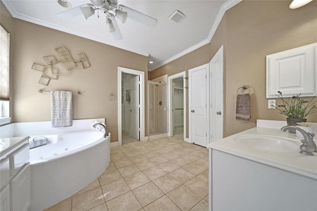 19715 Satinwood Trl, Humble, TX 77346 - full bathroom featuring a shower stall, vanity, crown molding, a tub with jets, and ceiling fan