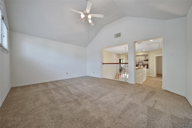 19715 Satinwood Trl, Humble, TX 77346 - unfurnished room with attic access, high vaulted ceiling, ceiling fan, light colored carpet, and baseboards