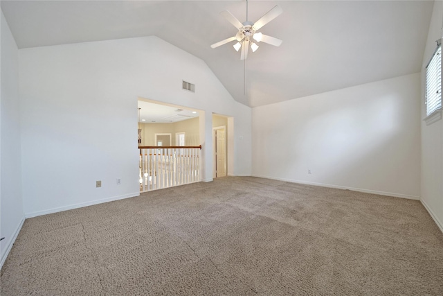 19715 Satinwood Trl, Humble, TX 77346 - carpeted spare room with a ceiling fan, high vaulted ceiling, and baseboards