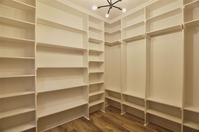 609 E 38th St, Houston, TX 77022 - walk in closet featuring dark wood-style floors and a chandelier