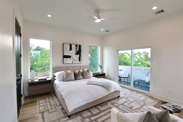 609 E 38th St, Houston, TX 77022 - bedroom with access to exterior, light wood finished floors, recessed lighting, ceiling fan, and baseboards