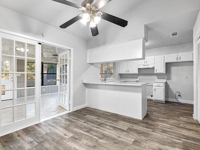 3808 Williams Rd, Benbrook, TX 76116 - kitchen featuring under cabinet range hood, a peninsula, light countertops, dark wood-style flooring, and lofted ceiling