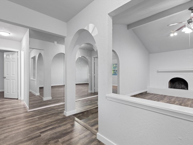 3808 Williams Rd, Benbrook, TX 76116 - unfurnished living room with a ceiling fan, wood finished floors, baseboards, and a fireplace