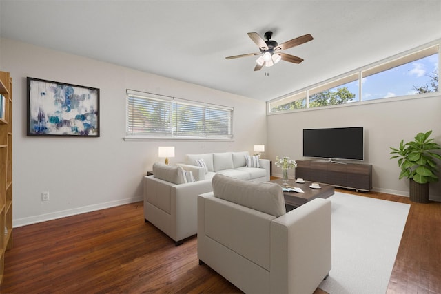 127 E Thornton Rd, Houston, TX 77022 - living room featuring ceiling fan, wood finished floors, baseboards, and lofted ceiling