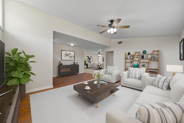 127 E Thornton Rd, Houston, TX 77022 - living room featuring ceiling fan, wood finished floors, and baseboards