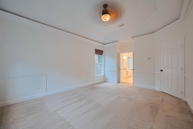 5918 Pendelton Place Dr, Sugar Land, TX 77479 - unfurnished room featuring a tray ceiling, carpet flooring, ornamental molding, baseboards, and a ceiling fan