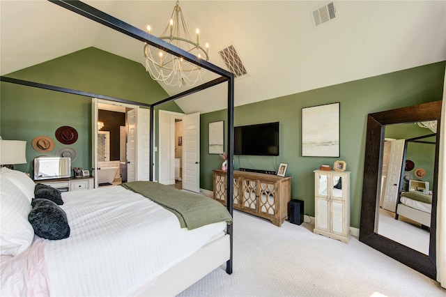 16927 Lupine Meadow Ln, Humble, TX 77346 - bedroom with a chandelier, vaulted ceiling, carpet flooring, and baseboards