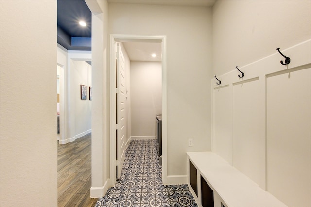 16927 Lupine Meadow Ln, Humble, TX 77346 - mudroom featuring baseboards, wood finished floors, and recessed lighting