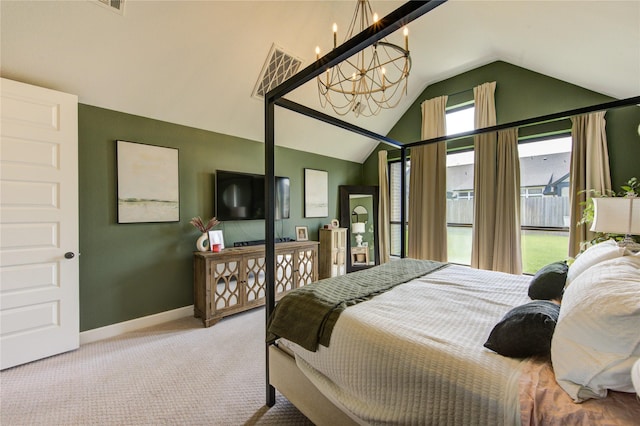 16927 Lupine Meadow Ln, Humble, TX 77346 - carpeted bedroom featuring lofted ceiling, a chandelier, and baseboards