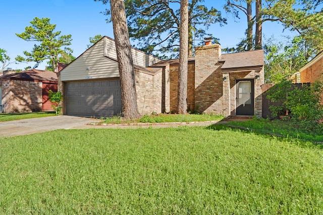 13414 Ravensway Dr, Cypress, TX 77429 - mid-century inspired home with brick siding, a garage, a chimney, and a front yard