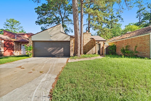 13414 Ravensway Dr, Cypress, TX 77429 - mid-century home with driveway, a garage, a front yard, and brick siding