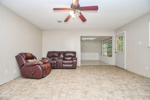 12618 Foxburo Dr, Houston, TX 77065 - living room featuring a textured ceiling, wooden walls, and ceiling fan