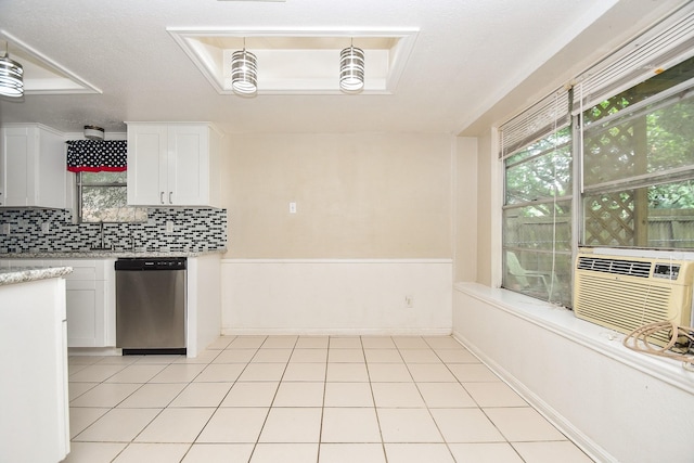 12618 Foxburo Dr, Houston, TX 77065 - kitchen featuring dishwasher, white cabinets, backsplash, and cooling unit