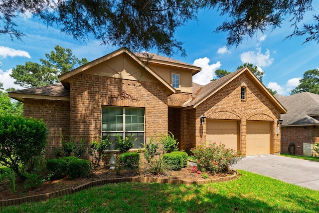 1938 Honey Laurel Dr, Conroe, TX 77304 - view of front of home with brick siding, a garage, concrete driveway, roof with shingles, and a front lawn