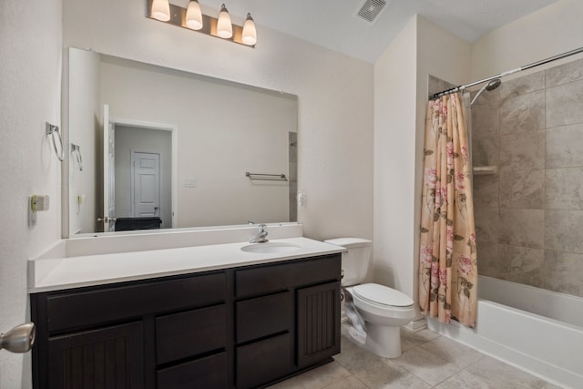 9001 Cimarron River Ln, Magnolia, TX 77354 - full bathroom with tile patterned flooring, toilet, shower / bath combo with shower curtain, and vanity