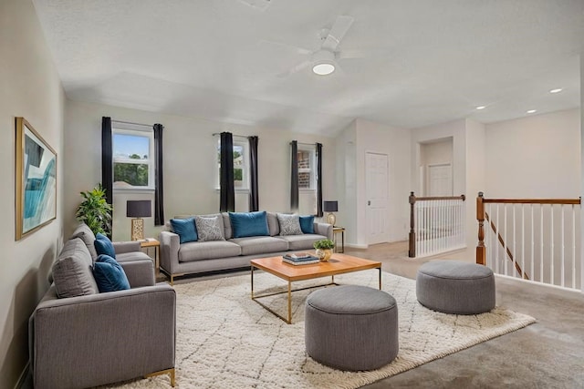 9001 Cimarron River Ln, Magnolia, TX 77354 - living area with ceiling fan, recessed lighting, carpet, and baseboards