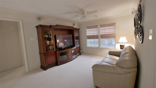 7907 Gulf Isle Ct NE, Houston, TX 77095 - living room with crown molding, ceiling fan, carpet floors, and baseboards