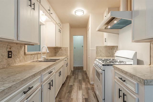 2910 John St, La Marque, TX 77568 - kitchen with white gas range oven, a sink, under cabinet range hood, wood finished floors, and tasteful backsplash