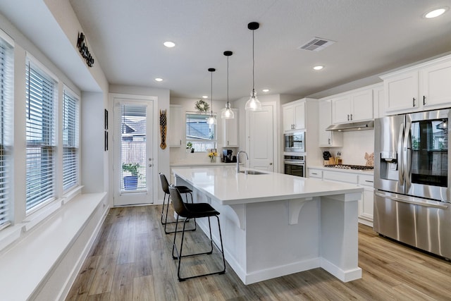 20923 Grand Surprise Ct, Cypress, TX 77433 - kitchen featuring appliances with stainless steel finishes, a sink, light wood-type flooring, under cabinet range hood, and a kitchen breakfast bar