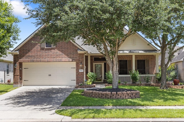 16506 Shimmering Lake Dr, Cypress, TX 77433 - view of front of home featuring a porch, brick siding, driveway, and a front lawn