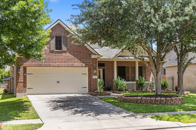 16506 Shimmering Lake Dr, Cypress, TX 77433 - view of front of house featuring brick siding, a porch, driveway, and a garage