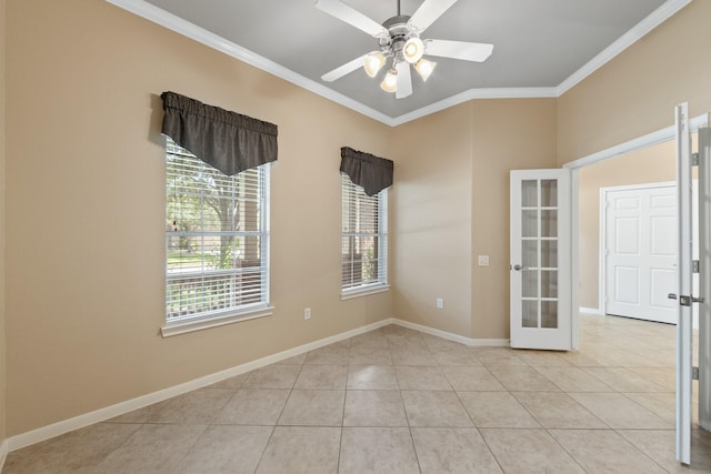 16506 Shimmering Lake Dr, Cypress, TX 77433 - empty room with french doors, crown molding, plenty of natural light, light tile patterned flooring, and ceiling fan